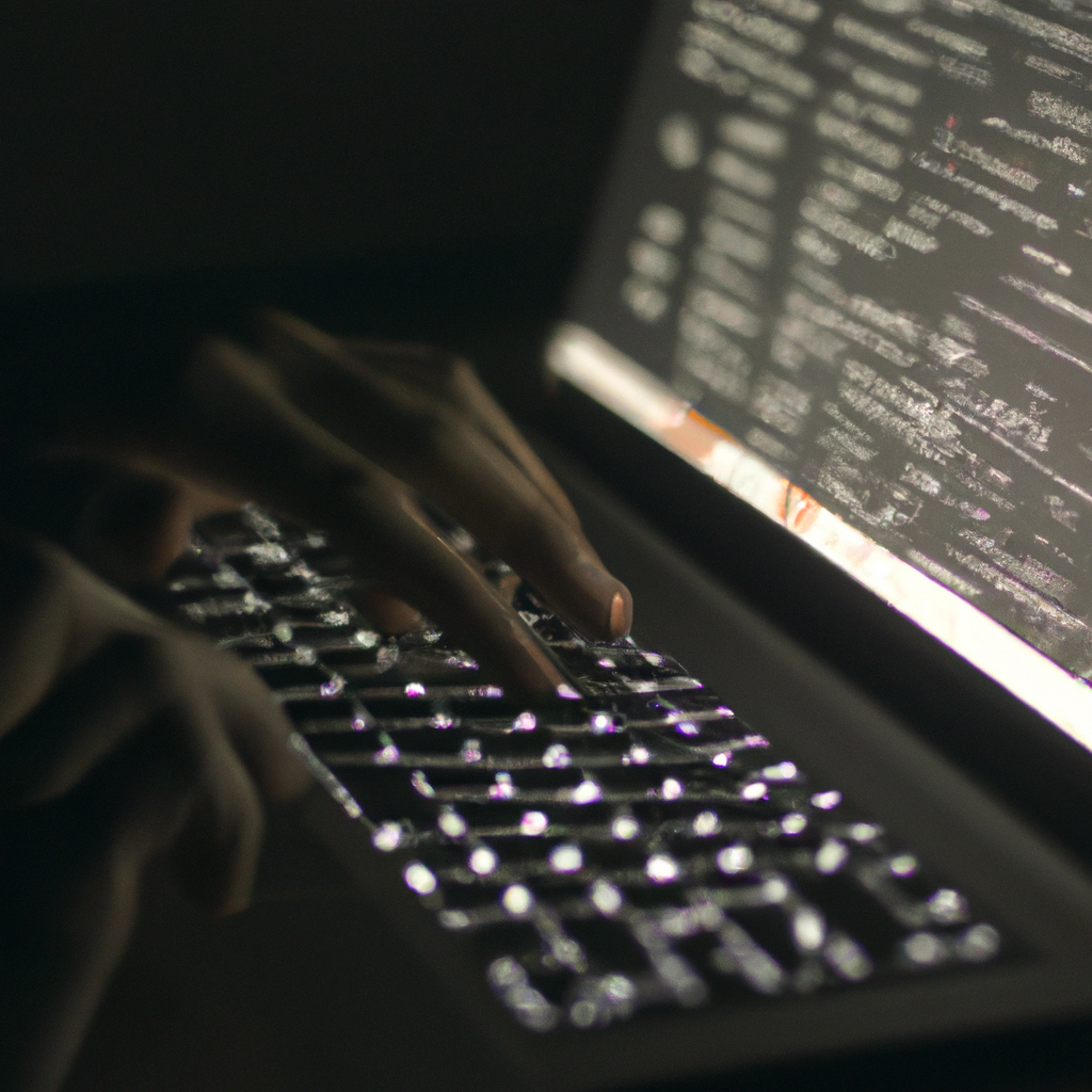 Крупный план рук, печатающих на ноутбуке, тёмная тема панели