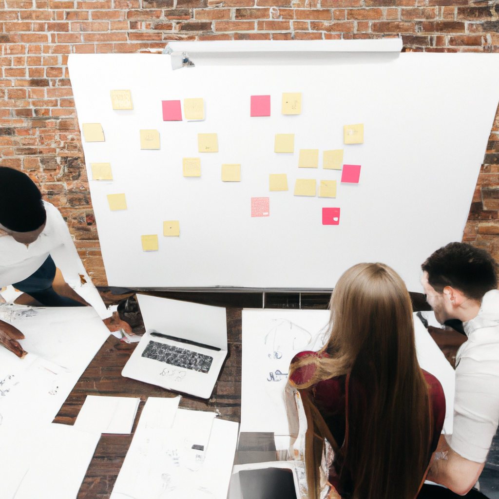 Команда обсуждает процесс у доски в современном офисе